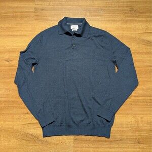Fisk of Oslo Pullover Sweater Polo Men Large Blue Merino Wool Blend Lightweight